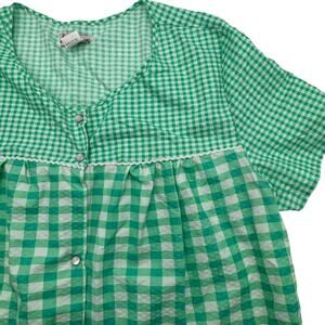 TOTI FASHION Women Large Vintage Green White Gingham Check Nightgown Smock Snaps